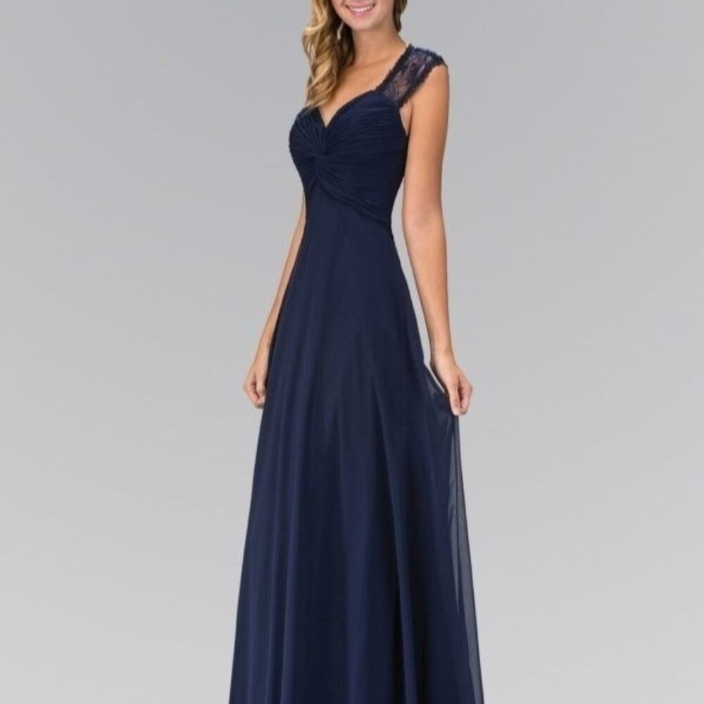 Elizabeth K Empire Waist Long Dress Medium Ruched Bodice Lace Back GL1376P NEW